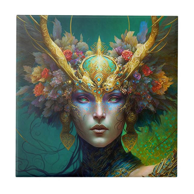 Horned Elf Woman Fantasy Art Ceramic Tile (Front)