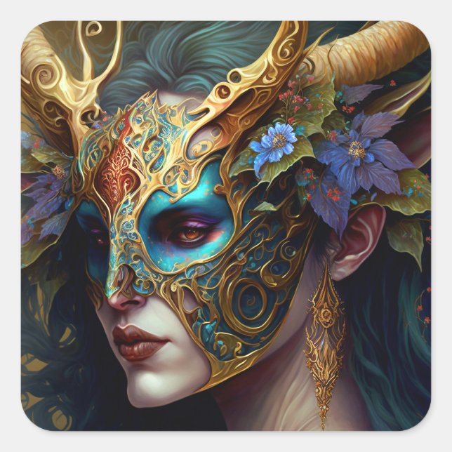 Horned Elf Woman Fantasy Art Square Sticker (Front)