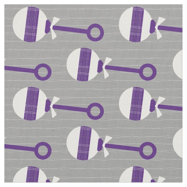 Horned Frog Purple Plaid Baby Rattle on Grey Fabric (Close Up)