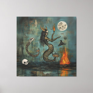 Horned Mermaid Moon Occult Dark Witchy AI Art Canvas Print