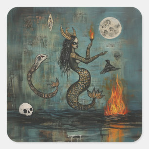 Horned Mermaid Moon Occult Dark Witchy AI Art Square Sticker