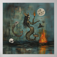 Horned Mermaid Moon Witchy AI Art Matte Value