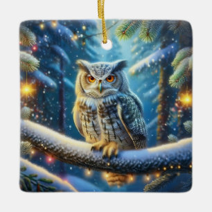 Horned Owl In Snow Covered Forest  Ceramic Ornament
