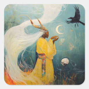 Horned Priestess Moon Occult Dark Witchy AI Art Square Sticker