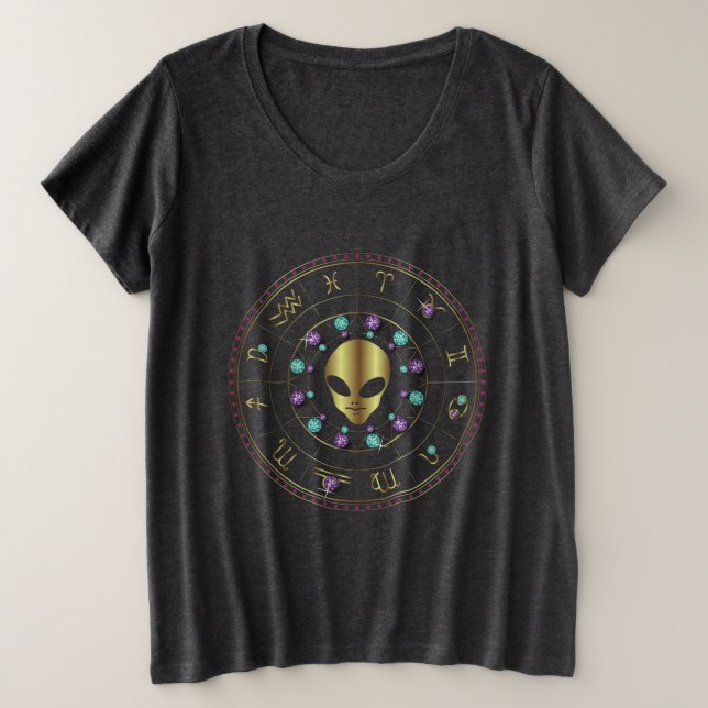 Horoscope Jewelled Design Gold Alien Plus Size T-Shirt (Design Front)