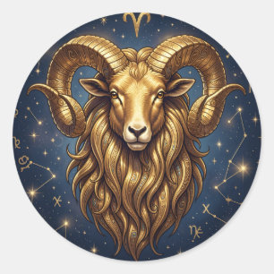 Horoscope Sign Aries Golden Ram and Stars Classic Round Sticker