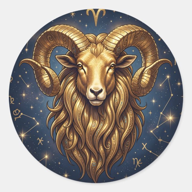 Horoscope Sign Aries Golden Ram and Stars Classic Round Sticker (Front)