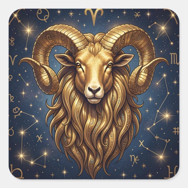 Horoscope Sign Aries Golden Ram and Stars Square Sticker (Front)