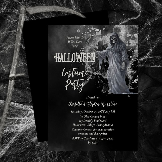 Horrific Grim Reaper Halloween Costume Party Invitation (The Grim Reaper has come calling and he wants you and your friends to have a Halloween Costume Party)