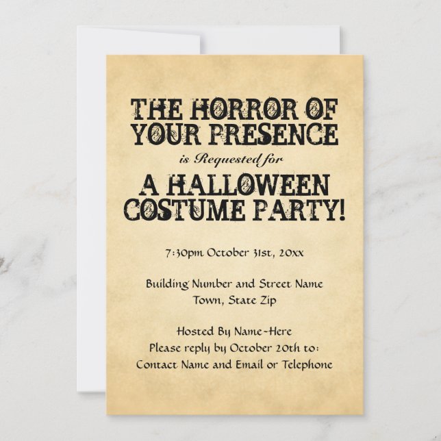 Horror of Your Presence. Halloween Party. Invitation (Front)