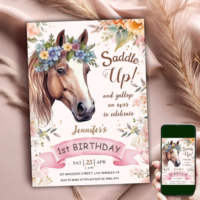 Horse 1st Birthday CowGirl Floral Saddle Up!   Invitation (Creator Uploaded)
