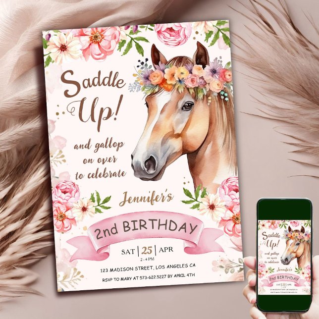 Horse 2nd Birthday Pink Rose Flowers Saddle Up Invitation (Creator Uploaded)
