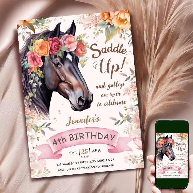Horse 4th Birthday Cowgirl Pink Floral Saddle Up I Invitation (Creator Uploaded)