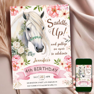 Horse 4th Birthday Girl Pink Flowers Saddle Up Invitation