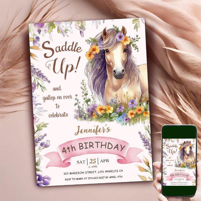 Horse 4th Birthday Girl Purple Floral Saddle Up In Invitation (Creator Uploaded)