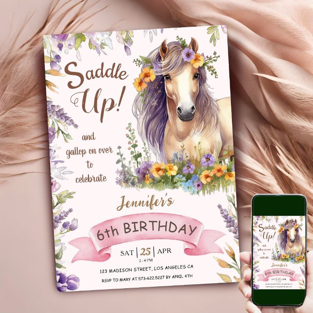 Horse 6th Birthday Girl Purple Floral Saddle Up In Invitation (Creator Uploaded)