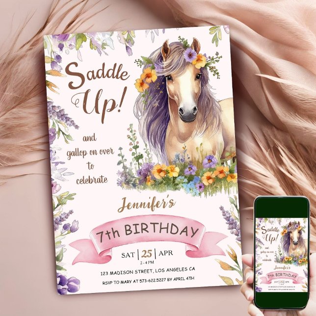 Horse 7th Birthday Girl Purple Floral Saddle Up In Invitation (Creator Uploaded)