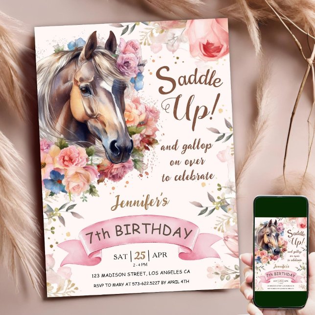 Horse 7th Birthday Pink Floral Girl Saddle Up Invitation (Creator Uploaded)