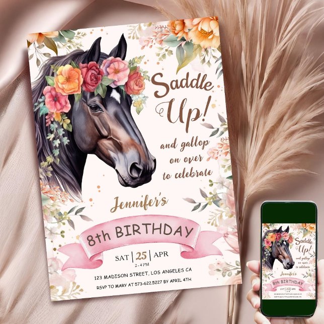 Horse 8th Birthday Cowgirl Pink Floral Saddle Up Invitation (Creator Uploaded)