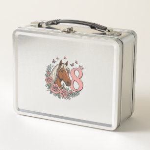 Horse 8th Birthday Floral Vintage Engraving Design Metal Lunch Box
