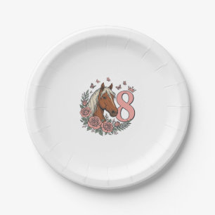 Horse 8th Birthday Floral Vintage Engraving Design Paper Plate