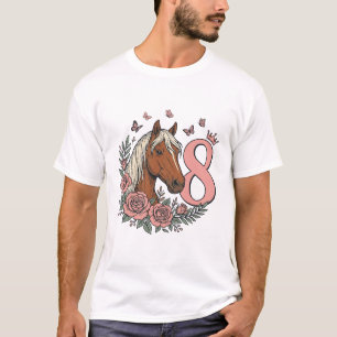 Horse 8th Birthday Floral Vintage Engraving Design T-Shirt