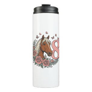 Horse 8th Birthday Floral Vintage Engraving Design Thermal Tumbler