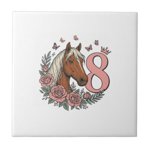 Horse 8th Birthday Floral Vintage Engraving Design Tile