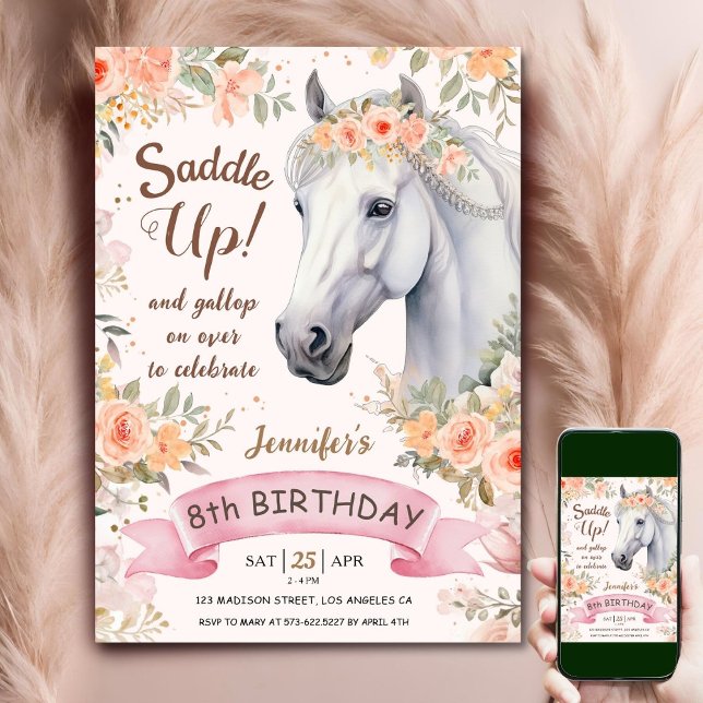 Horse 8th Birthday Girl Pink Flowers Saddle Up Invitation (Creator Uploaded)
