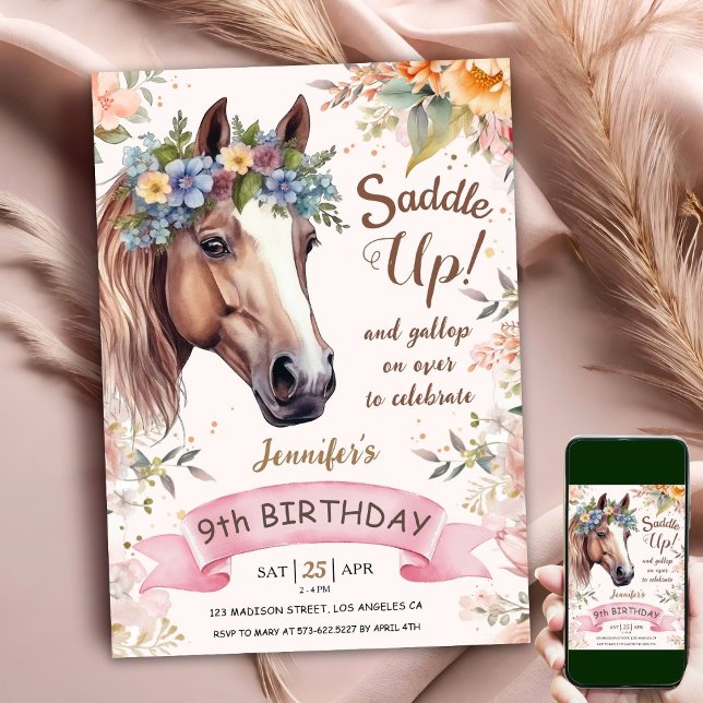 Horse 9th Birthday CowGirl Floral Saddle Up Invitation (Creator Uploaded)
