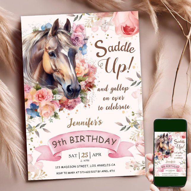 Horse 9th Birthday Pink Floral Girl Saddle Up Invitation (Creator Uploaded)