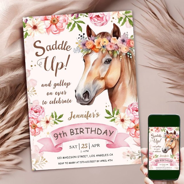 Horse 9th Birthday Pink Rose Flowers Saddle Up Invitation (Creator Uploaded)