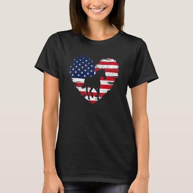 Horse American Flag Heart 4th Of July Usa Patrioti T-Shirt (Front)
