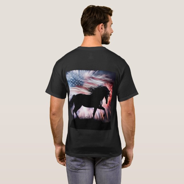 Horse and American Flag with Fireworks T-Shirt (Back Full)