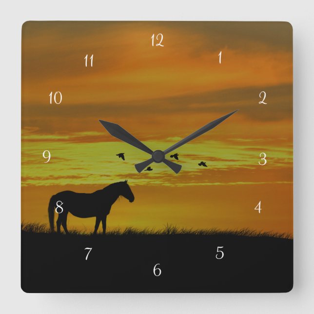 Horse and Birds in Southwestern Sunset Square Wall Clock (Front)