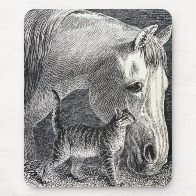 "Horse and Cat" Vintage Illustration Mouse Pad (Front)