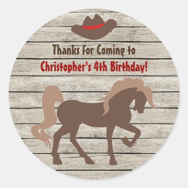 Horse and Cowboy Hat - Barn Wood Western Birthday Classic Round Sticker (Front)