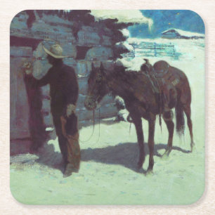 Horse and Cowboy Winter Snow Square Paper Coaster