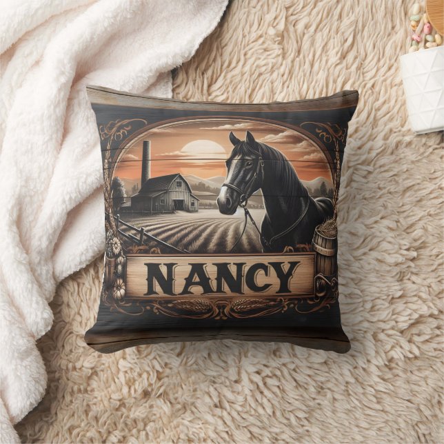 Horse and Farm Scene With Nameplate at Sunset Cushion (Blanket)