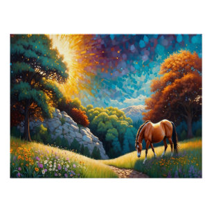 Horse and Flowers in a colorful meadow Poster