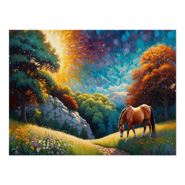 Horse and Flowers in a colorful meadow Poster (Front)