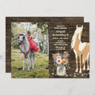 Horse and Flowers Rustic Wood Photo Birthday Invitation