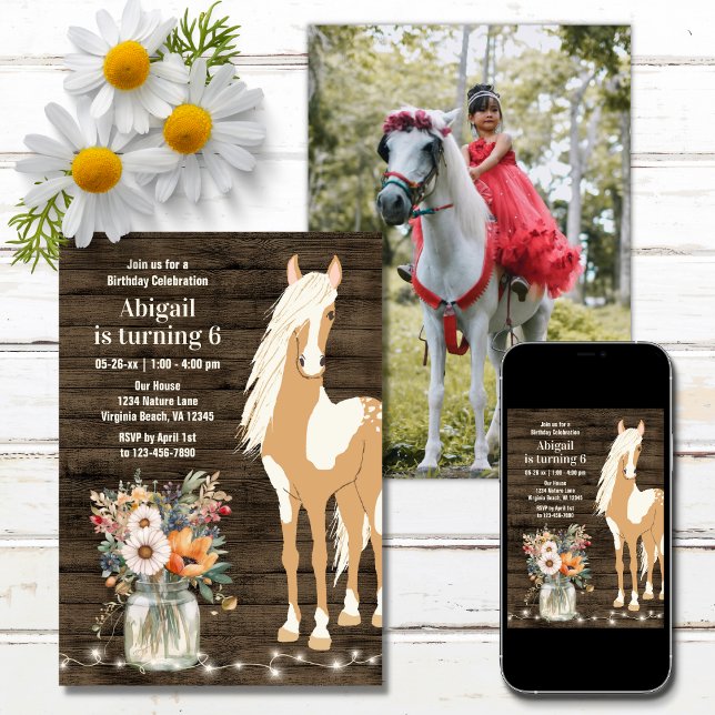Horse and Flowers Rustic Wood Photo Birthday Invitation (Creator Uploaded)
