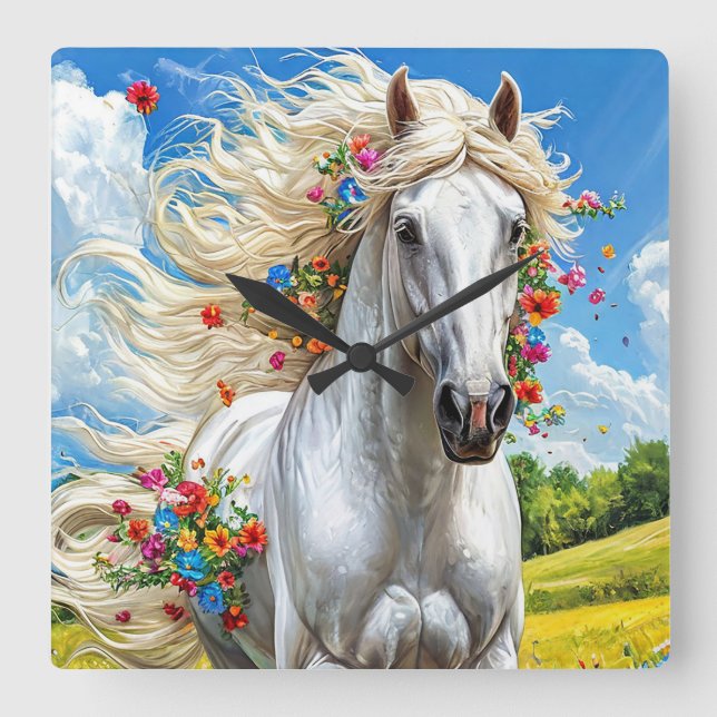 Horse and flowers square wall clock (Front)