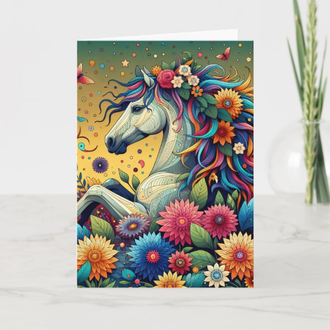 Horse and Flowers Whimsical Personalised Birthday Card (Front)