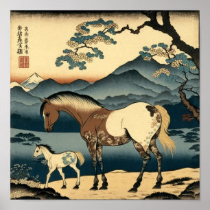 Horse and Foal: A Warm Image in Japanese Woodblock Poster