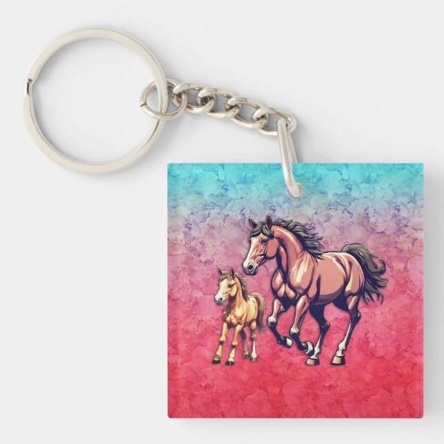Horse and Foal on Textured Background Key Ring (Front)