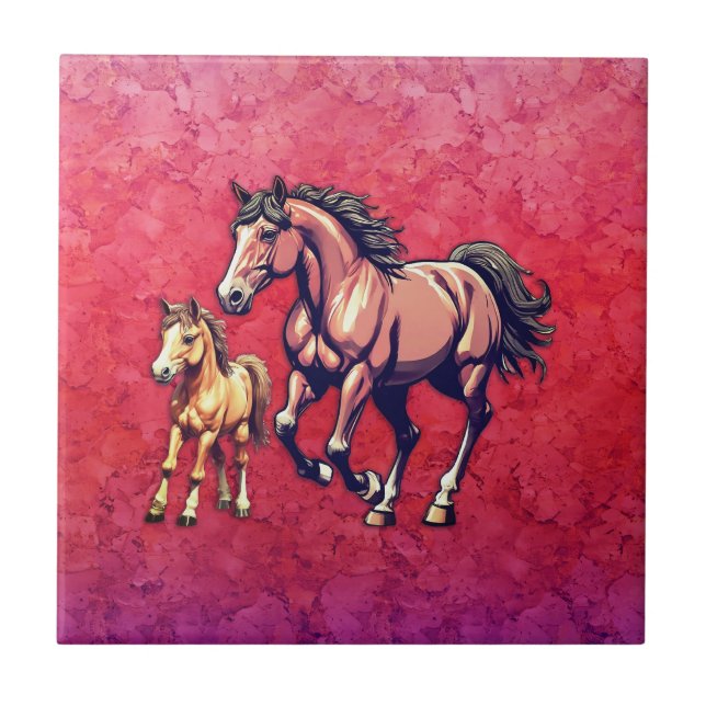Horse and Foal on Textured Background Tile (Front)