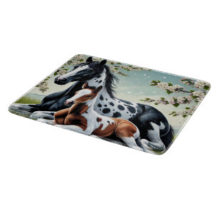 Horse and Foal Resting Amid Blossoming Trees Cutting Board