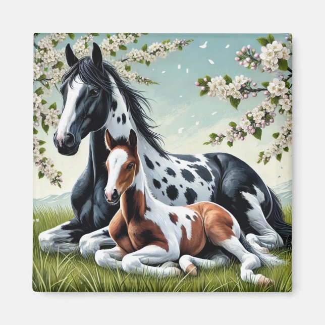 Horse and Foal Resting Amid Blossoming Trees Magnet (Front)